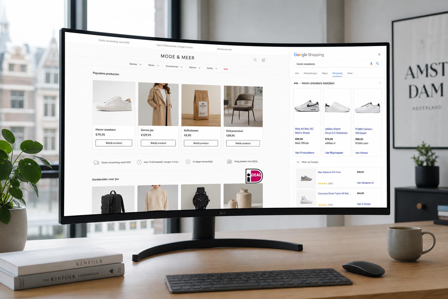 Modern e-commerce werkplek met laptop en mobiele checkout
