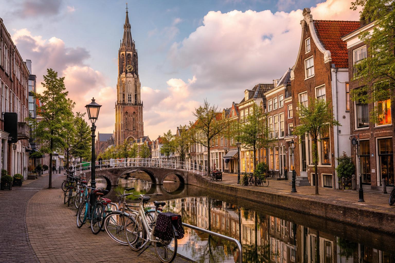 Historische binnenstad van Delft met de Nieuwe Kerk en grachtenpanden