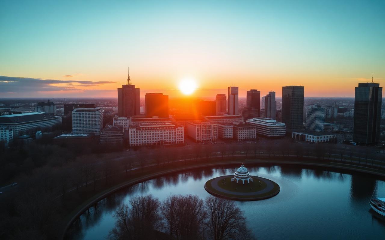 Skyline van Den Haag bij zonsondergang met Hofvijver en moderne torens